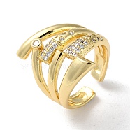 Rack Plating Brass with Clear Cubic Zirconia Open Cuff Rings, Hollow, Real 16K Gold Plated, Inner Diameter: 17mm(RJEW-M158-03G)