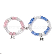 2Pcs 10mm Round Blue Cat Eye & Pink Cat Eye & Faceted Glass Beaded Stretch Bracelet Sets for Lover, Halloween Spider Alloy Charm Bracelets with Heart Magnetic Clasps for Women Men, Mixed Color, Inner Diameter: 2-3/8 inch(6.1cm) and 2 inch(5.1cm)(BJEW-JB10325-01)