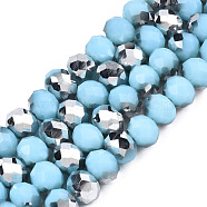 Electroplate Opaque Glass Beads Strands, Half Silver Plated, Faceted, Rondelle, Light Sky Blue, 8x6mm, Hole: 1mm, about 65~68pcs/strand, 15.7~16.1 inch(40~41cm)(EGLA-A034-P8mm-M03-01)