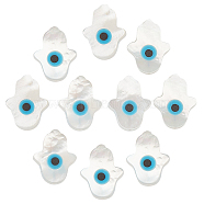 10Pcs Natural White Shell Mother of Pearl Shell Beads, Pearlized, Hamsa Hand/Hand of Miriam with Evil Eye, 10x8x2mm, Hole: 0.5mm(SSHEL-BBC0001-02)