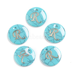 Synthetic Turquoise Charms, with Plastic Letter, Flat Round, Letter.R, 15x2mm, Hole: 1.5mm(X-G-L561-001R)