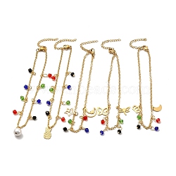Colorful Glass Beads & 304 Stainless Steel Charm Anklet with Cable Chains for Women, Golden, Mixed Patterns, Pendant: 10~15x7~11x0.5~0.7mm, 8-7/8 inch(22.5cm)(AJEW-C021-14G)