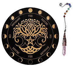 AHADEMAKER 1Pc Natural Rose Quartz Dowsing Pendulum Pendant, with 1Pc Wood Custom Pendulum Board, for Witchcraft Wiccan Altar Supplies, Tree of Life Pattern, Pendant: 29~29.7cm, Board: 20x0.4cm(DIY-GA0003-53D)