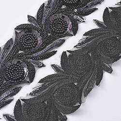 Polyester Paillette Lace Trims, with Plastic & Glass Beads, Floral Pattern, Black, 3-1/2 inch(90mm)(OCOR-WH0071-025B)