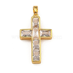 Rack Plating Brass Pendants, with Glass, Long-Lasting Plated, Real 18K Gold Plated, Cross, Clear, 28.5x18x4mm, Hole: 3.5x2.5mm(KK-U035-18G-01)