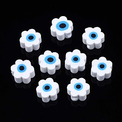 Handmade Polymer Clay Beads, Flower with Evil Eye, White, 9x9x4.5mm, Hole: 1.8mm(CLAY-N007-003-11)