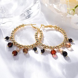 Brass Round Hoop Earrings, with Glass and Agate, Real 18K Gold Plated, 48x6mm(EJEW-R014-16G)