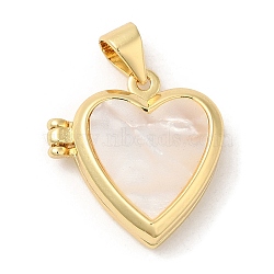 Natural Shell Locket Pendants, Rack Plating Real 18K Gold Plated Brass Heart Charms, Long-Lasting Plated, Lead Free & Cadmium Free, 18.5x17x5mm, Hole: 4x3.5mm(KK-K332-15G-05)