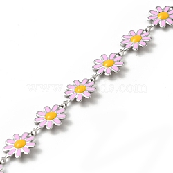 304 Stainless Steel Flower Link Chains, with Enamel, Soldered, with Spool, Pink, 10x1~2mm(CHS-C004-04D-P)