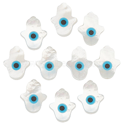 10Pcs Natural White Shell Mother of Pearl Shell Beads, Pearlized, Hamsa Hand/Hand of Miriam with Evil Eye, 10x8x2mm, Hole: 0.5mm(SSHEL-BBC0001-02)