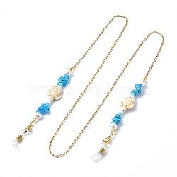 Synthetic Turquoise Tortoise & Glass Seed Beaded Eyeglasses Chains, Neck Strap for Eyeglasses, with 304 Stainless Steel Cable Chains, Zinc Alloy Clasps, Golden, 755mm, Hole: 4~5x2~3mm(AJEW-EH00394-02)