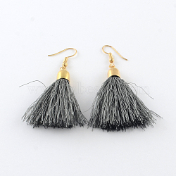 Nylon Thread Tassel Earrings for Carnival, with Golden Tone Iron Earring Hooks, Gray, 50~55mm, Pin: 1mm(EJEW-Q682-01C)