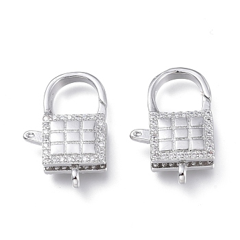 Brass Micro Pave Clear Cubic Zirconia Lobster Claw Clasps, Long-Lasting Plated, Lock, Platinum, 21.5x11x5.3mm, Hole: 1.8mm