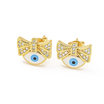 Bowknot with Evil Eye Real 18K Gold Plated Brass Stud Earrings, with Enamel and Clear Cubic Zirconia, White, 9x11.5mm