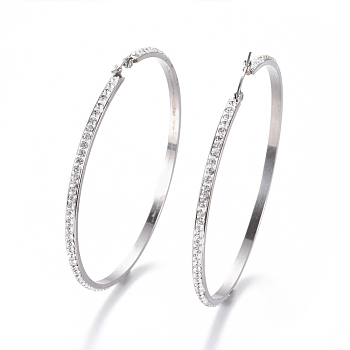 304 Stainless Steel Big Hoop Earrings, with Polymer Clay Rhinestone, Crystal, Stainless Steel Color, 76x71x3mm, Pin: 0.7x1mm