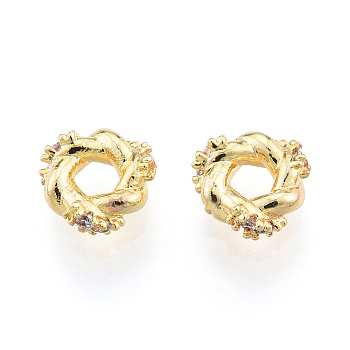Brass Beads, with Crystal Rhinestone, Twisted Ring, Nickel Free, Real 18K Gold Plated, 6.5x6.5x2.5mm, Hole: 2mm