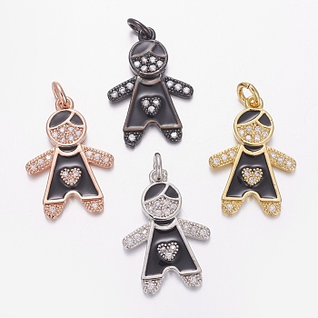 Brass Micro Pave Cubic Zirconia Pendants, with Enamel, Boy, Clear, Mixed Color, 21x15x2mm, Hole: 2mm