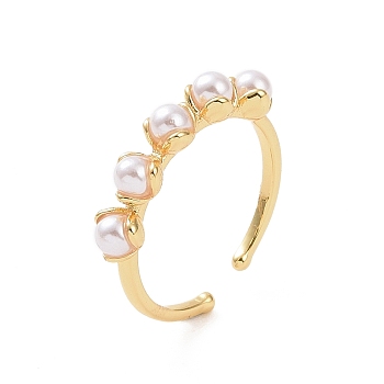 Brass Flower Open Rings, Plastic Imitation Pearl Cuff Rings for Women, Real 18K Gold Plated, 1.5~4mm, Inner Diameter: US Size 6 3/4(17mm)