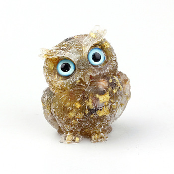 Resin Home Display Decorations, with Natural Yellow Agate Chips and Gold Foil Inside, Owl, 60x50x42mm