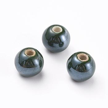 Handmade Porcelain Beads, Pearlized, Round, Dark Green, 8mm, Hole: 2mm