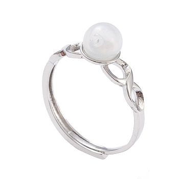 Adjustable Brass Finger Rings, with Lampwork Beads, Round, Platinum, White, Size 6, Inner Diameter: 17mm