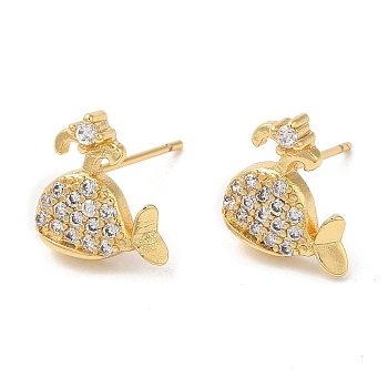 Rack Plating Brass Whale Stud Earrings with Cubic Zirconia, Lead Free & Cadmium Free, Real 18K Gold Plated, 12x11mm