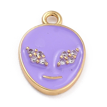 Golden Plated Brass Micro Pave Clear Cubic Zirconia Pendants, with Enamel, Long-Lasting Plated, Extra-terrestrial, Medium Purple, 17x11.5x2mm, Hole: 1.6mm