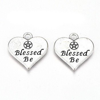 Tibetan Style Alloy Pendants, Lead Free & Cadmium Free, Heart with Word Blessed Be & Pentacle, Antique Silver, 19x19x2mm, Hole: 2mm