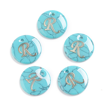 Synthetic Turquoise Charms, with Plastic Letter, Flat Round, Letter.R, 15x2mm, Hole: 1.5mm