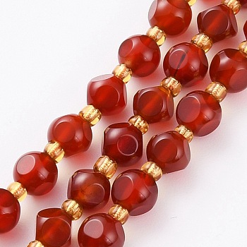 Natural Carnelian Beads Strands, with Seed Beads, Six Sided Celestial Dice, Dyed, Faceted, about 26pcs/strand, 6~6.5x6~6.5mm, Hole: 1mm, 7.99 inch(20.3cm)