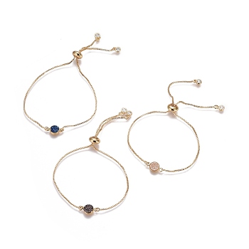 Electroplated Natural Druzy Agate Slider Bracelets, Bolo Bracelets, with Brass Box Chains and Cubic Zirconia, Flat Round, Golden, 9-3/4 inch(24.7cm)
