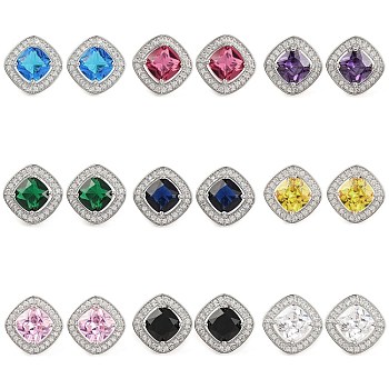 Cubic Zirconia Rhombus Stud Earrings, Rack Plating Platinum Brass Jewelry for Women, Mixed Color, 15x15mm