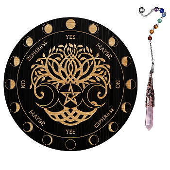 AHADEMAKER 1Pc Natural Rose Quartz Dowsing Pendulum Pendant, with 1Pc Wood Custom Pendulum Board, for Witchcraft Wiccan Altar Supplies, Tree of Life Pattern, Pendant: 29~29.7cm, Board: 20x0.4cm
