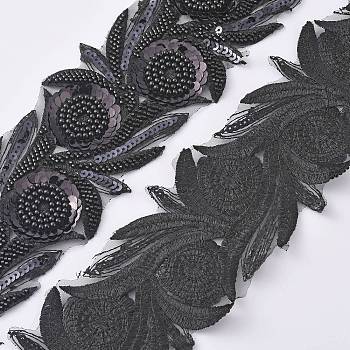 Polyester Paillette Lace Trims, with Plastic & Glass Beads, Floral Pattern, Black, 3-1/2 inch(90mm)