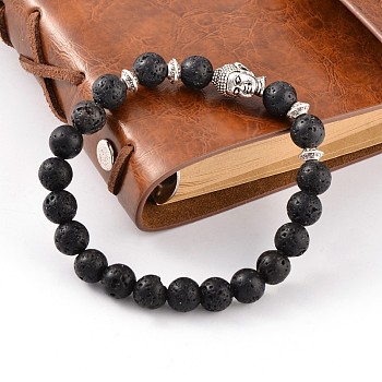 Trendy Natural Lava Rock Beaded Stretch Bracelets, with Tibetan Style Antique Silver Alloy Findings, 57mm