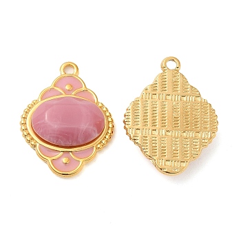 Enamel Pendants, with 304 Stainless Steel Finding and Acrylic Cabochon, Real 18K Gold Plated, Rhombus Charm, Pink, 24.5x18.5x5.5mm, Hole: 1.5mm