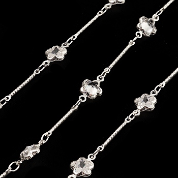Brass Star Link Chains, with Clear Cubic Zirconia Beaded, Unwelded, with Spool, Silver, 12x7x3.5mm