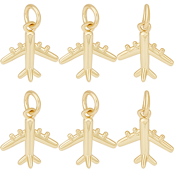 12Pcs Rack Plating Brass Charms, with Jump Ring, Long-Lasting Plated, Cadmium Free & Lead Free, Airplane, Real 18K Gold Plated, 14x12.5x3mm, Hole: 3mm