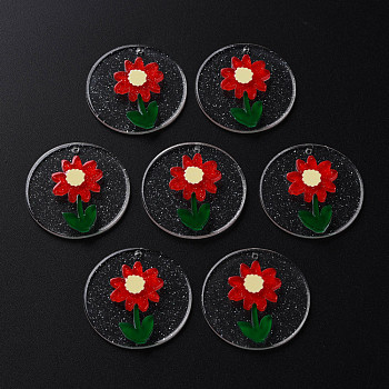 Cellulose Acetate(Resin) Pendants, with Glitter Powder, Flat Round with Flower, Red, 30x4mm, Hole: 1.4mm