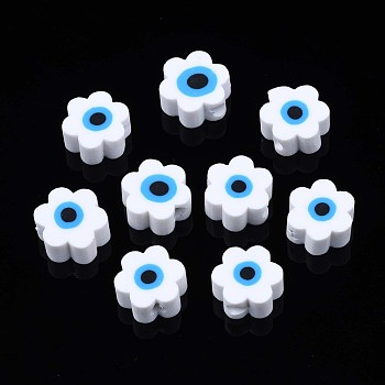 Handmade Polymer Clay Beads, Flower with Evil Eye, White, 9x9x4.5mm, Hole: 1.8mm