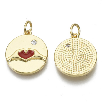 Brass Micro Pave Cubic Zirconia Pendants, with Enamel & Jump Rings, Nickel Free, Valentine's Day, Flat Round with Heart, Clear, Real 18K Gold Plated, Red, 18x16x2.5mm, Jump Ring: 5.5x0.8mm, inner diameter: 3mm.