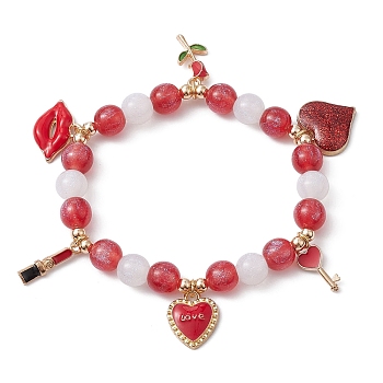 Resin Round Beaded Stretch Bracelet, Heart & Flower & Lip Charms Bracleet for Valentine's Day, Red, Inner Diameter: 2-1/8 inch(5.5cm)
