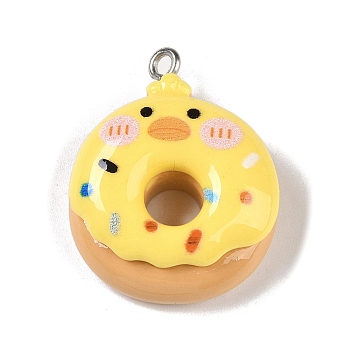 Opaque Resin Imitation Food Pendants, Animal Donut Charms with Platinum Plated Iron Loops, Duck, 28x22x9.5mm, Hole: 2mm