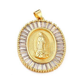 Brass Micro Pave Clear Cubic Zirconia Pendants, Oval with Virgin Mary, Real 18K Gold Plated, 33.5x25.5x3.5mm, Hole: 4x3mm