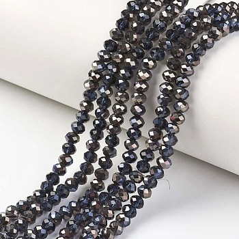 Electroplate Transparent Glass Beads Strands, Half Black Plated, Faceted, Rondelle, Prussian Blue, 4x3mm, Hole: 0.4mm, about 123~127pcs/strand, 16.5~16.9 inch(42~43cm)
