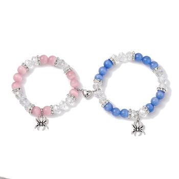 2Pcs 10mm Round Blue Cat Eye & Pink Cat Eye & Faceted Glass Beaded Stretch Bracelet Sets for Lover, Halloween Spider Alloy Charm Bracelets with Heart Magnetic Clasps for Women Men, Mixed Color, Inner Diameter: 2-3/8 inch(6.1cm) and 2 inch(5.1cm)
