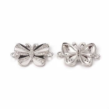 Brass Micro Pave Cubic Zirconia Connector Charms, Enamel Style, Butterfly, Platinum, White, 13.5x22.5x3mm, Hole: 1.5mm