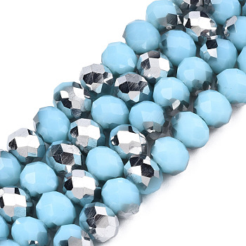 Electroplate Opaque Glass Beads Strands, Half Silver Plated, Faceted, Rondelle, Light Sky Blue, 8x6mm, Hole: 1mm, about 65~68pcs/strand, 15.7~16.1 inch(40~41cm)