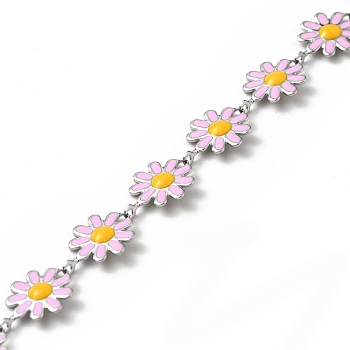 304 Stainless Steel Flower Link Chains, with Enamel, Soldered, with Spool, Pink, 10x1~2mm