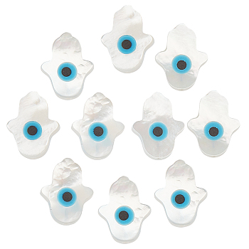 10Pcs Natural White Shell Mother of Pearl Shell Beads, Pearlized, Hamsa Hand/Hand of Miriam with Evil Eye, 10x8x2mm, Hole: 0.5mm